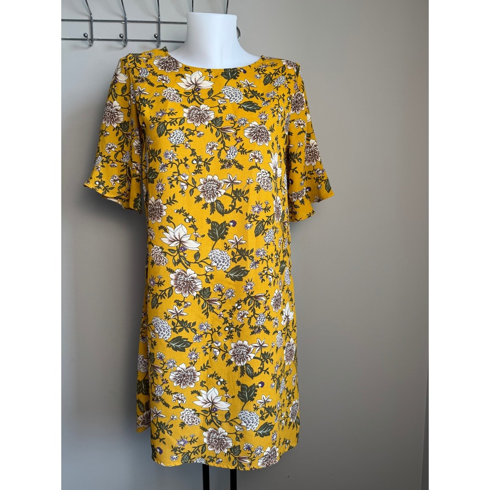 Molly Bracken Floral Shift Dress Mustard Yellow Ruffle Sleeve Mini Womens Size S